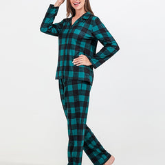 Plaid Christmas Pajama Set Long Sleeve Top & Pants Women's Sleepwear