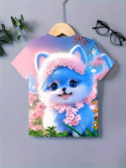 3D Kitty & Flower Graphic Short Sleeve T-shirt for Girls Summer Sports