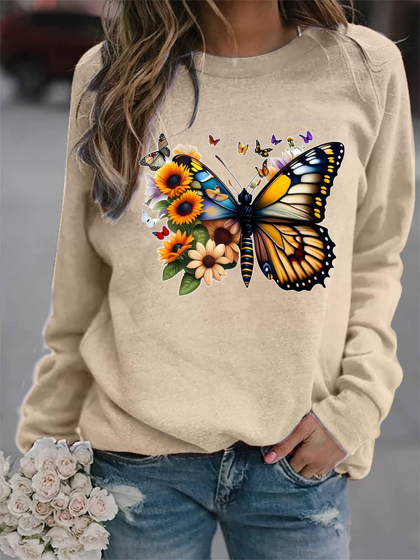 Butterfly Sunflower Print Sweatshirt Women's Casual Long Sleeve Crew Neck