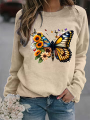 Butterfly Sunflower Print Sweatshirt Women's Casual Long Sleeve Crew Neck
