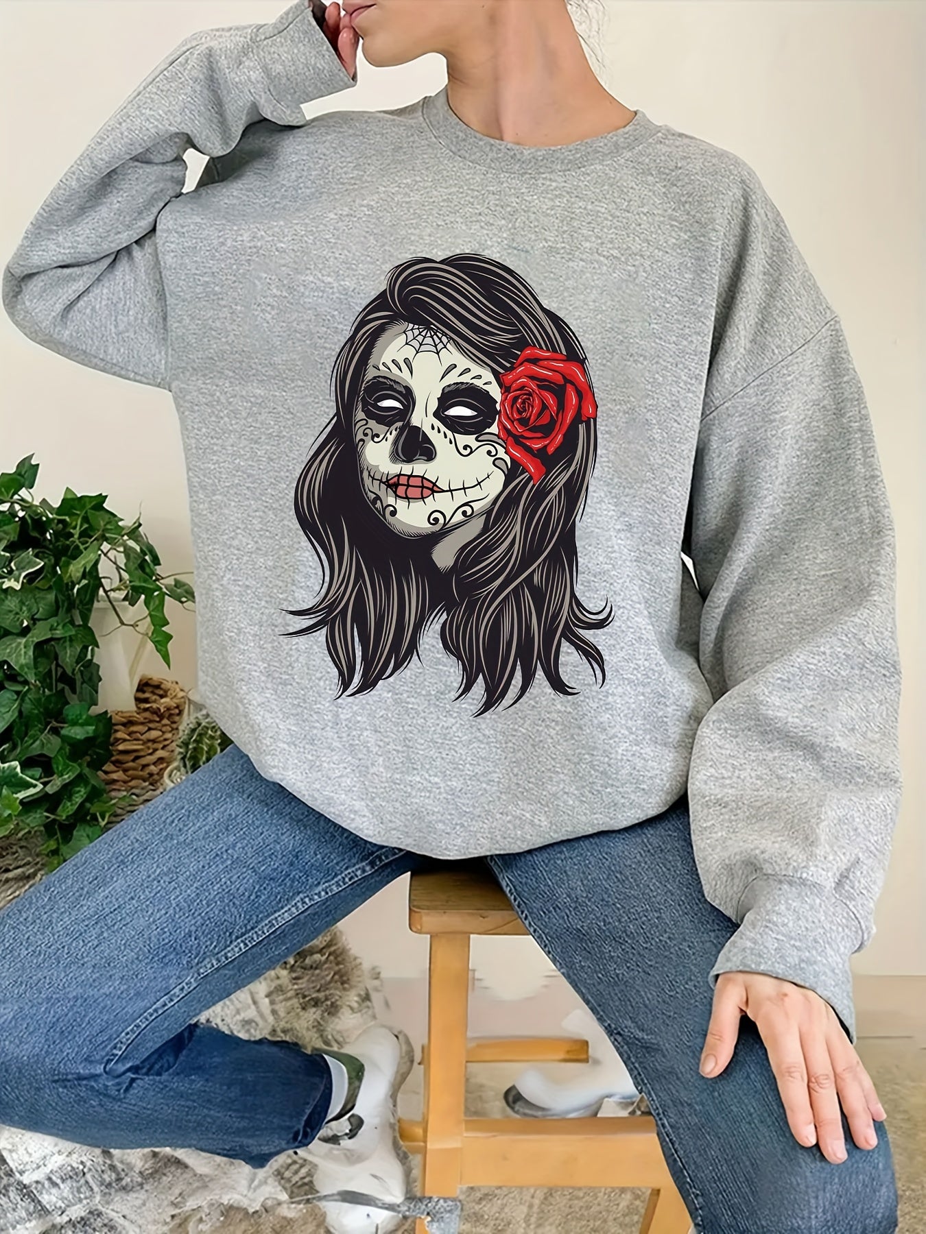 Skull Print Sweatshirt Crew Neck Long Sleeve Casual Top