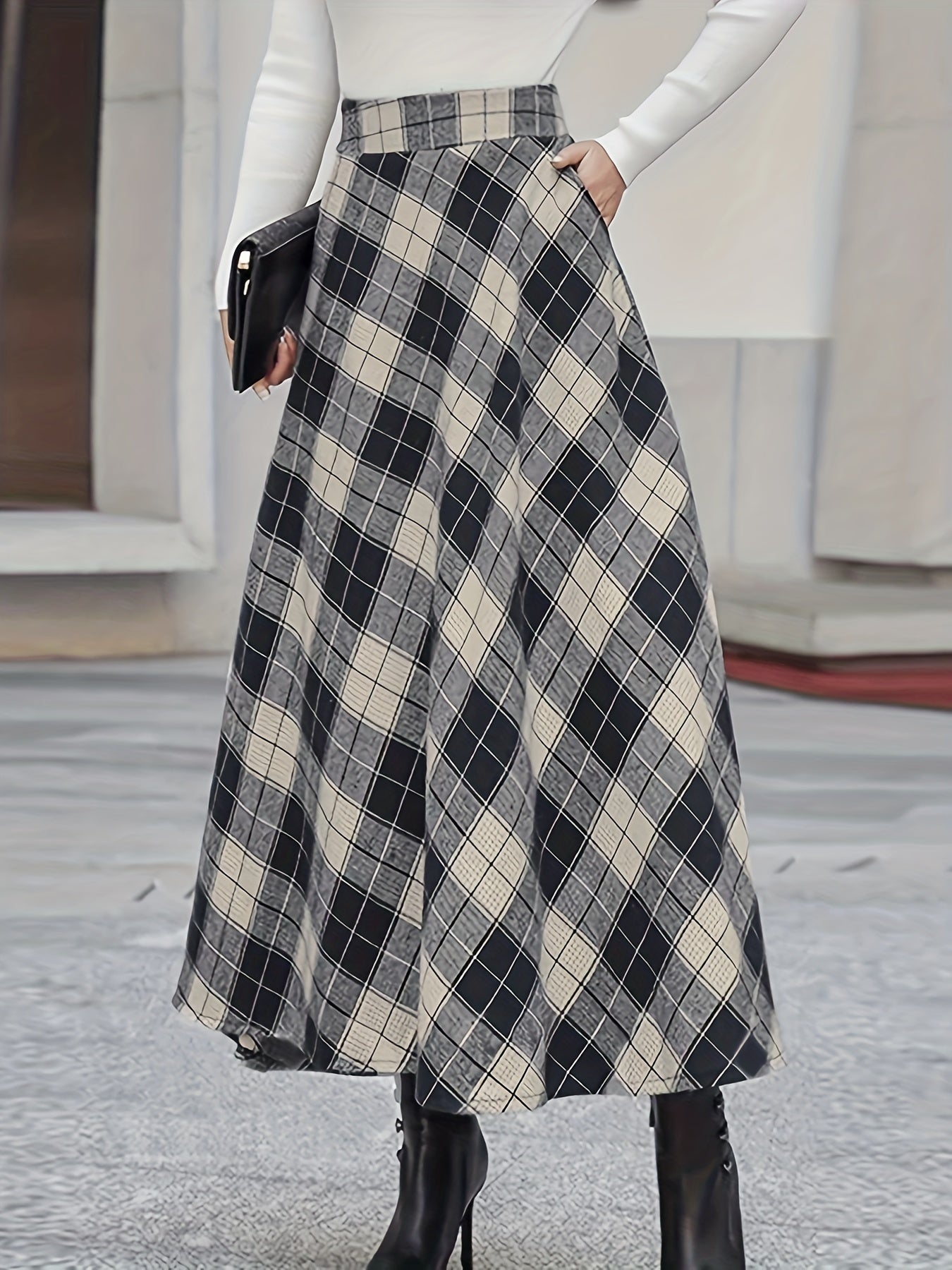 Plaid Print High Rise A Line Skirt With Pockets