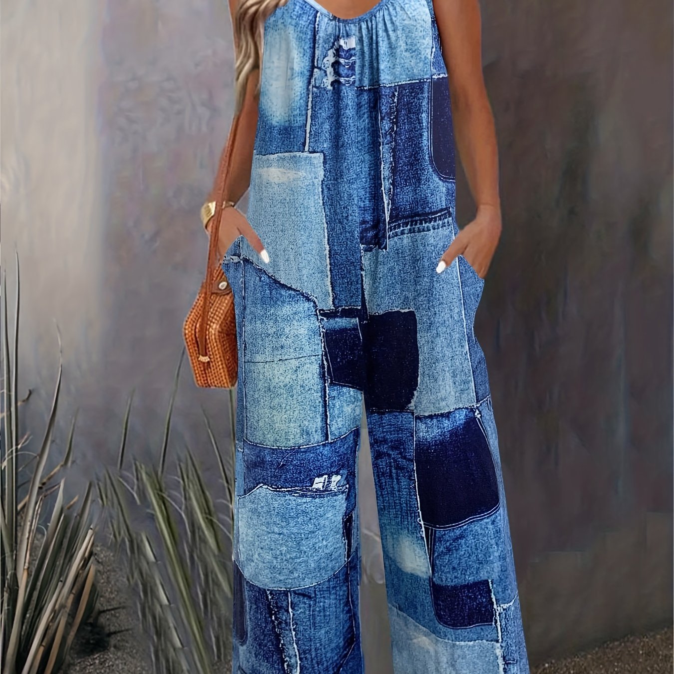 Denim Print Wide Leg Jumpsuit Sleeveless Women's Clothing