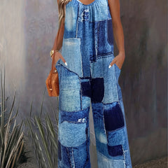 Denim Print Wide Leg Jumpsuit Sleeveless Women's Clothing