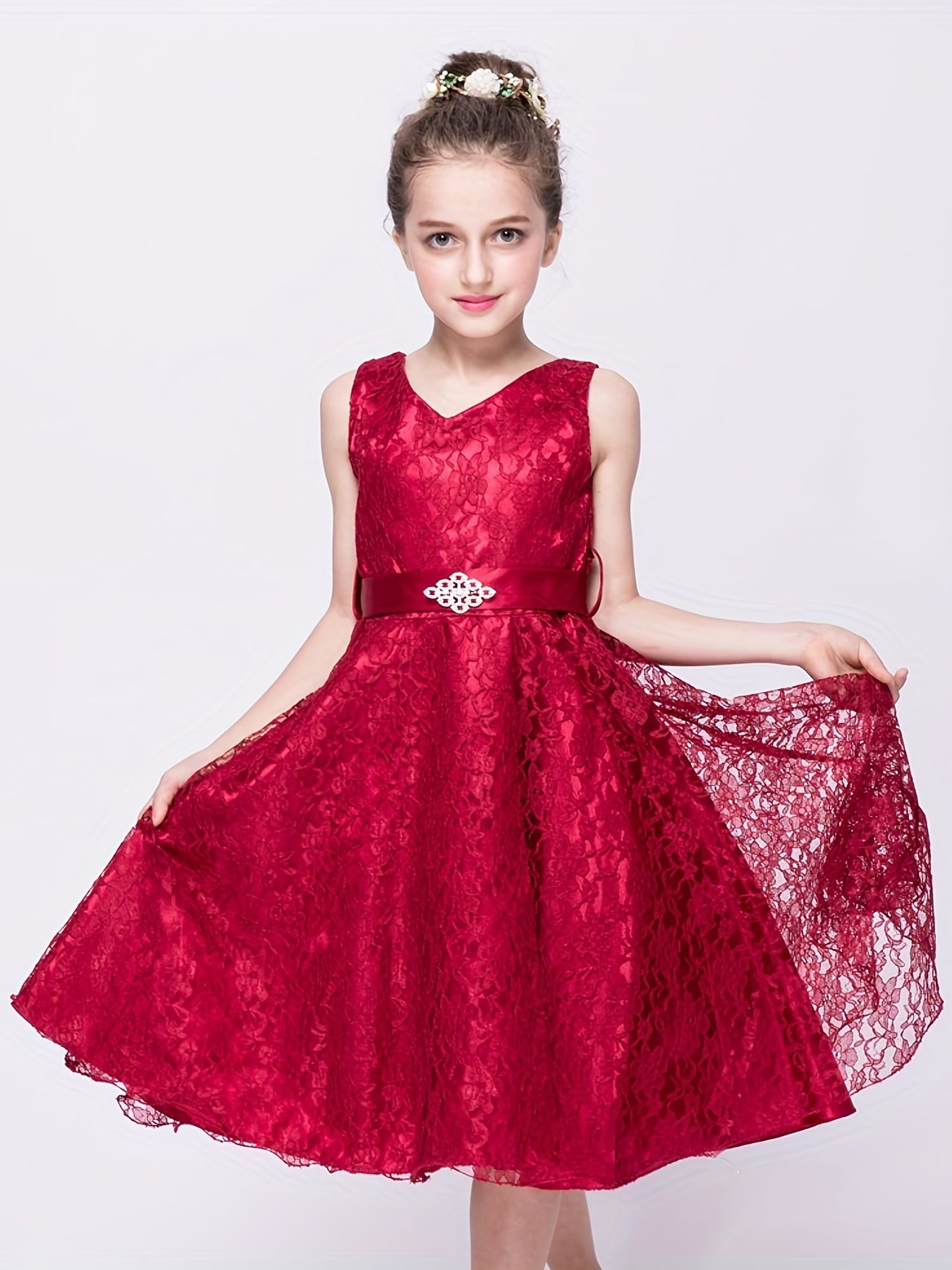 Girls Sleeveless Lace Puffy Princess Dress Wedding Flower Girls