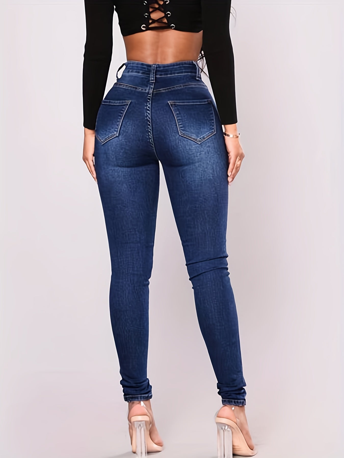 Dark Casual Skinny Jeans Slim Fit Slash Pockets High Stretch Denim Pants
