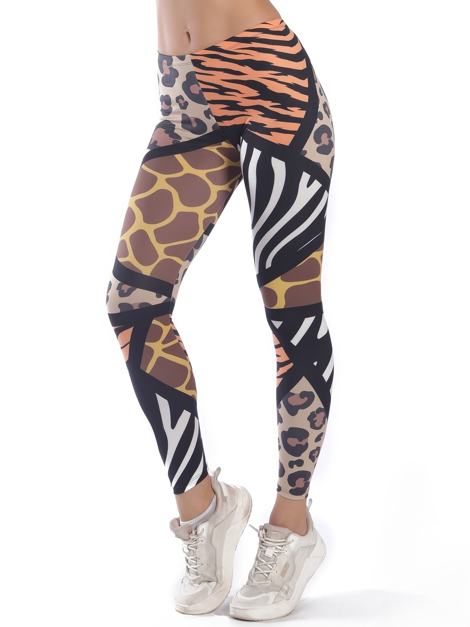 Leopard & Striped Print High Waist Leggings Stylish Skinny Stretchy Leggings