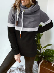 Block Turtle Neck Hoodie Casual Long Sleeve Drawstring Hoodies