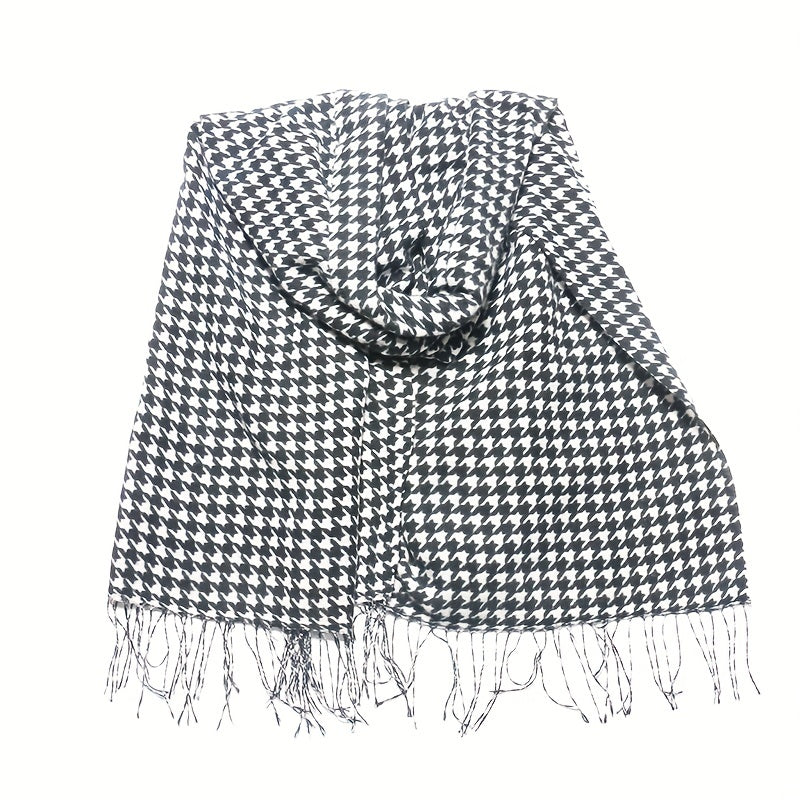Houndstooth Fringe Trim Scarf Faux Cashmere Shawl Wrap