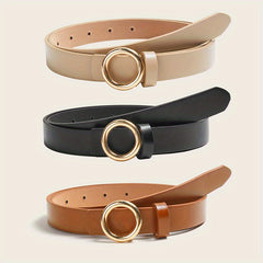 3pcs Round Buckle Leather Belt Set Solid Casual Jeans Pants Belts for Women