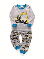 Boys 2pcs Car Print Pajama Set Long Sleeve Top & Trousers Round Neck Comfortable