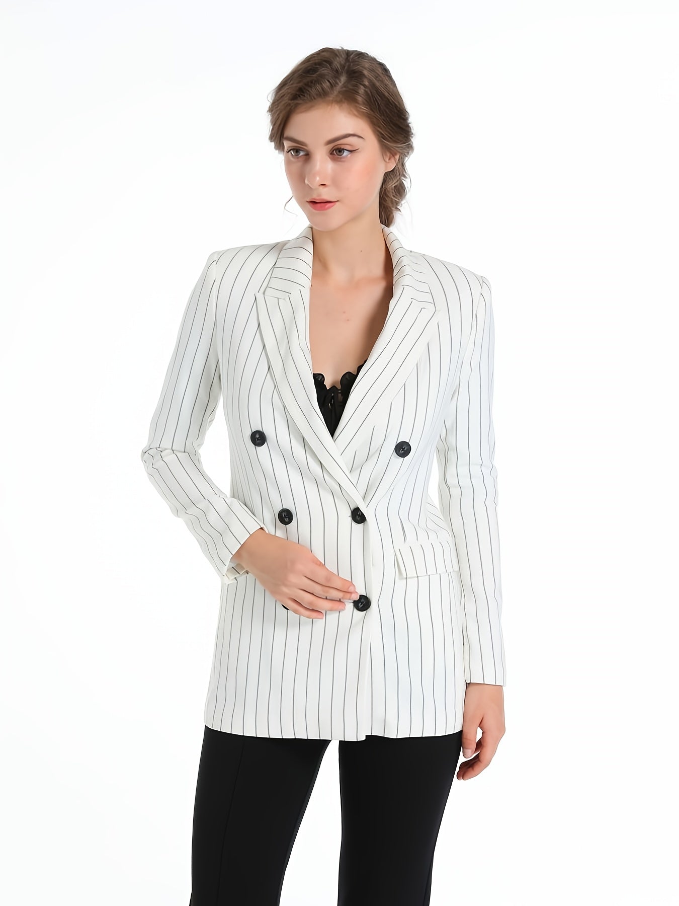 Striped Double Breasted Blazer Coat Casual Long Sleeve Loose Blazer