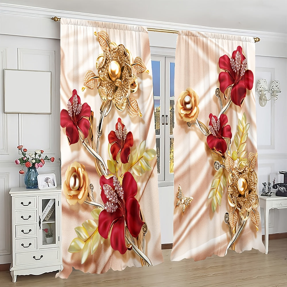 2pcs 3D Red Rose Flowers Curtain Golden Flowers Blackout Rod Pocket Curtain