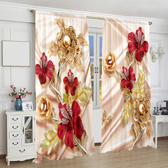 2pcs 3D Red Rose Flowers Curtain Golden Flowers Blackout Rod Pocket Curtain