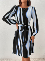 Abstract Ripple Print Dress Crew Neck Long Sleeve Dress
