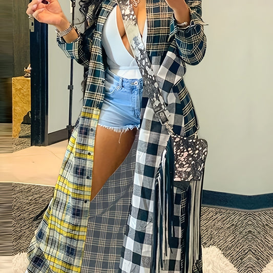 Colorblock Plaid Print Button Up Long Sleeve Shacket