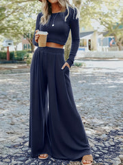 Solid Casual Two piece Set Crew Neck Long Sleeve Tops & Draped Wide Leg Pants