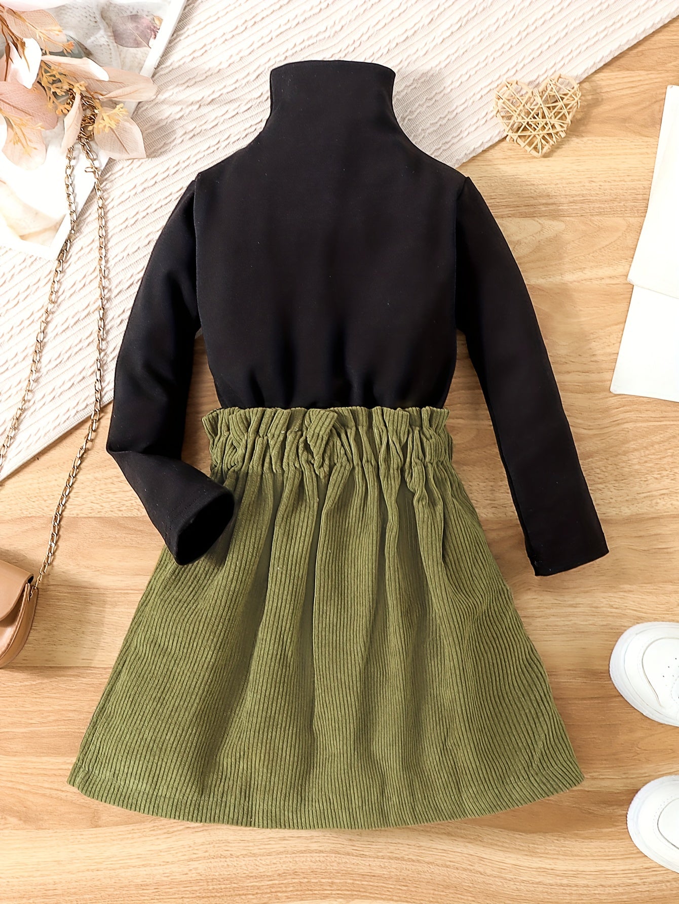 Girl's 2pcs Turtleneck Top & Corduroy Skirt Set