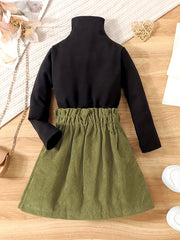 Girl's 2pcs Turtleneck Top & Corduroy Skirt Set