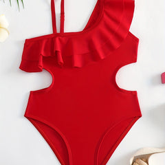 Girls One Piece Swimsuit Waist Cut Out Ruffle Decor