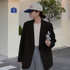 Solid Button Front Blazer Lapel Long Sleeve Blazer for Office & Work