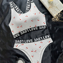 Cherry Print Bra & Panties Set Women's Lingerie