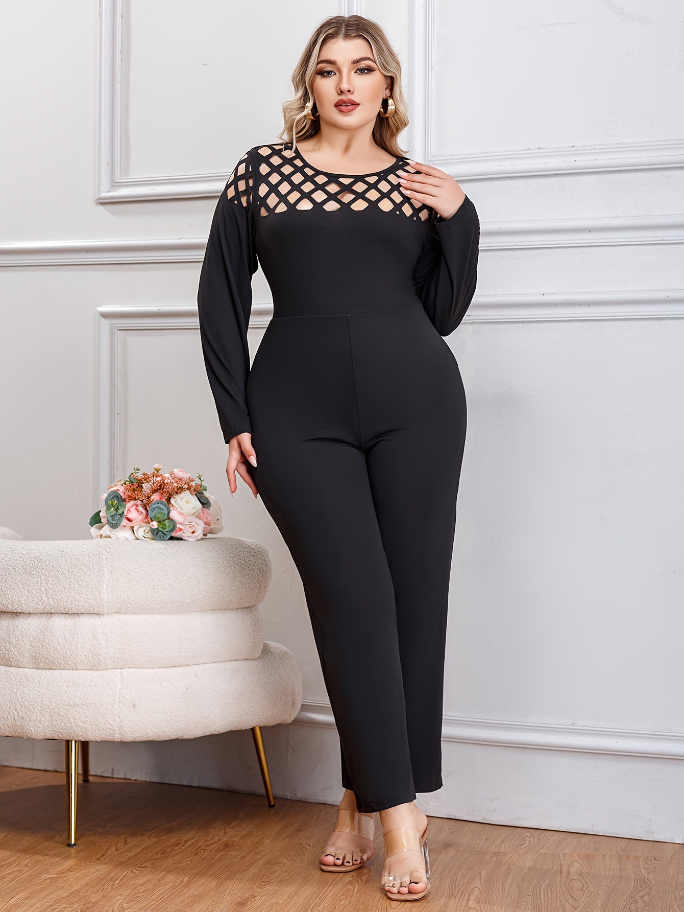 Solid Cut Out Long Sleeve Wide Leg Jumpsuit