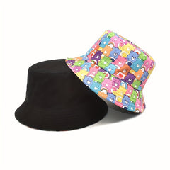 Versatile Bear Printed Sunshade Bucket Hat Double Sided Sun Hat for Men Women