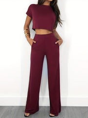 Solid 2pc Set Crew Neck Crop Tee & High Waist Wide Leg Pants