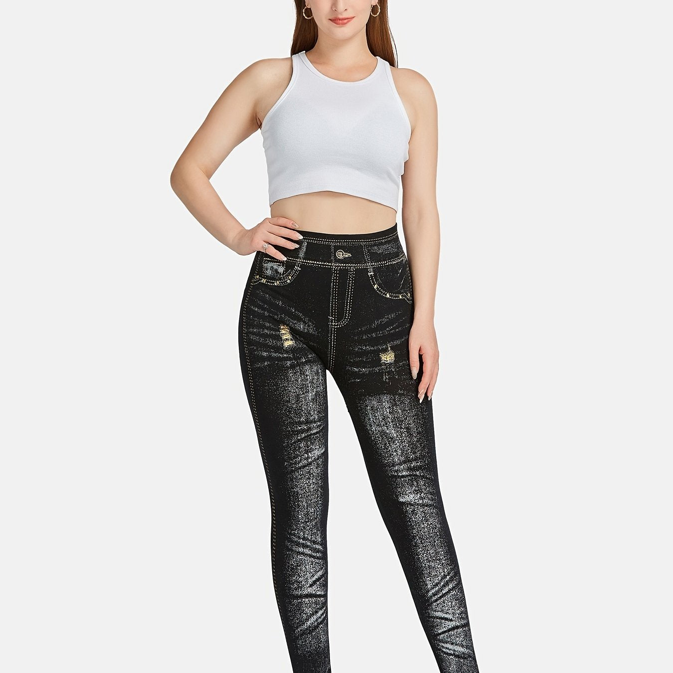 Denim Print High Waisted Leggings Casual Skinny Leggings