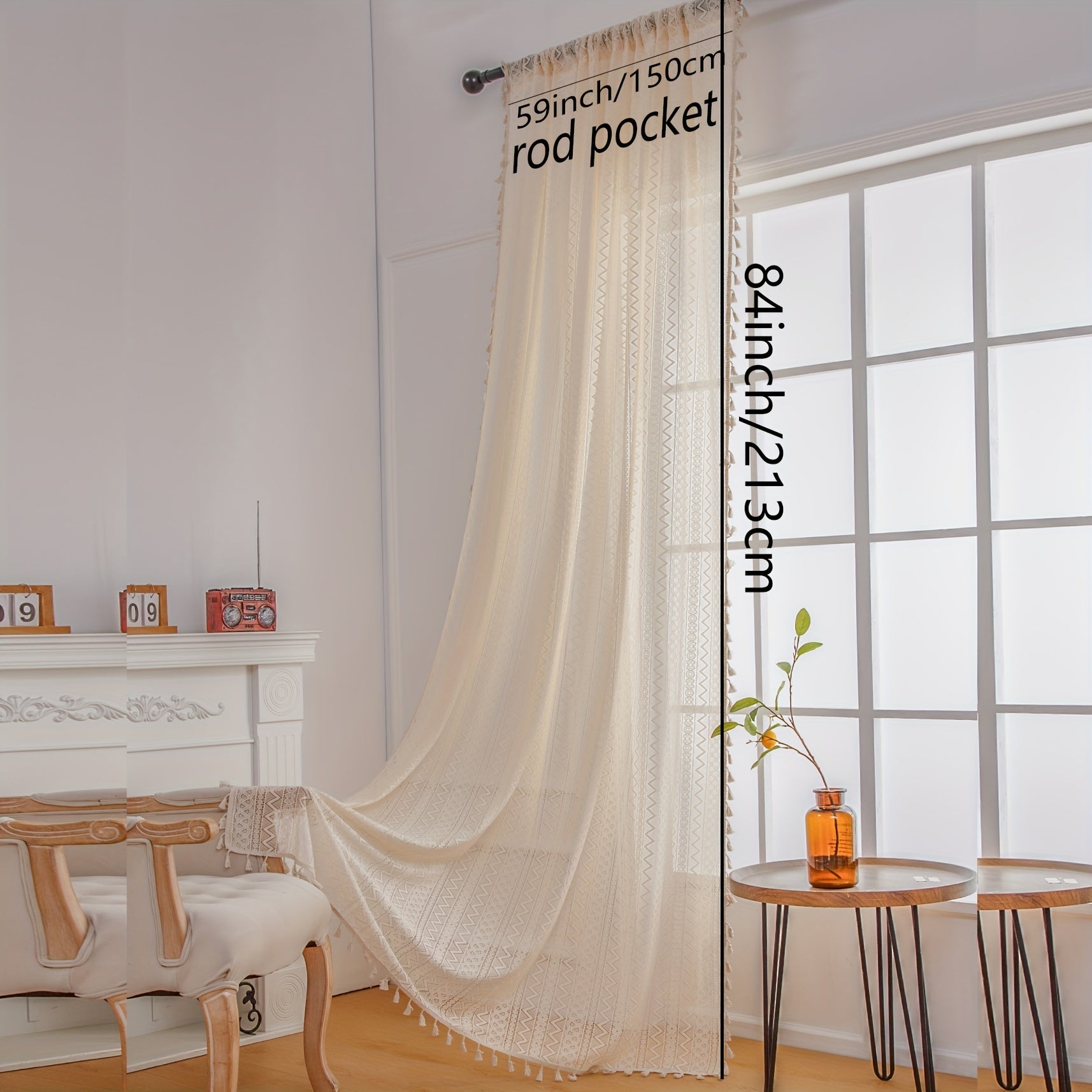 Bohemian Geometric Curtain with Beige Fringe for Home Decor