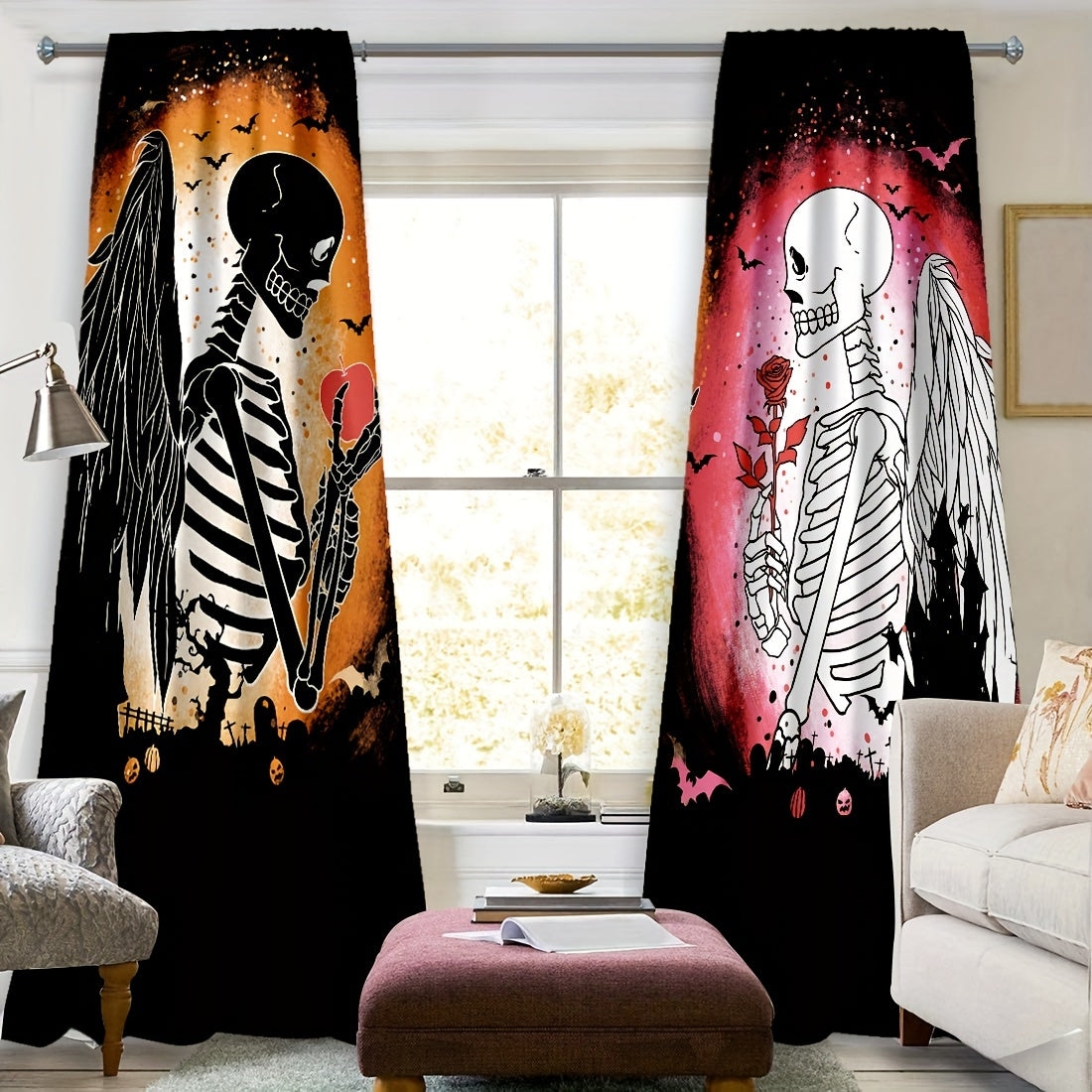 2 Panel Skull Printed Curtains Rod Pocket Top Window Drapes