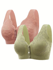 2pcs Contrast Lace Wireless Bras Front Buckle Women's Lingerie