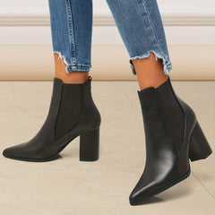 Women's Block Heel Ankle Boots Pointed Toe Slip On Faux Leather Shoes