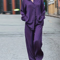 2 Piece Set: Button Up Blouse & Wide Leg Pants