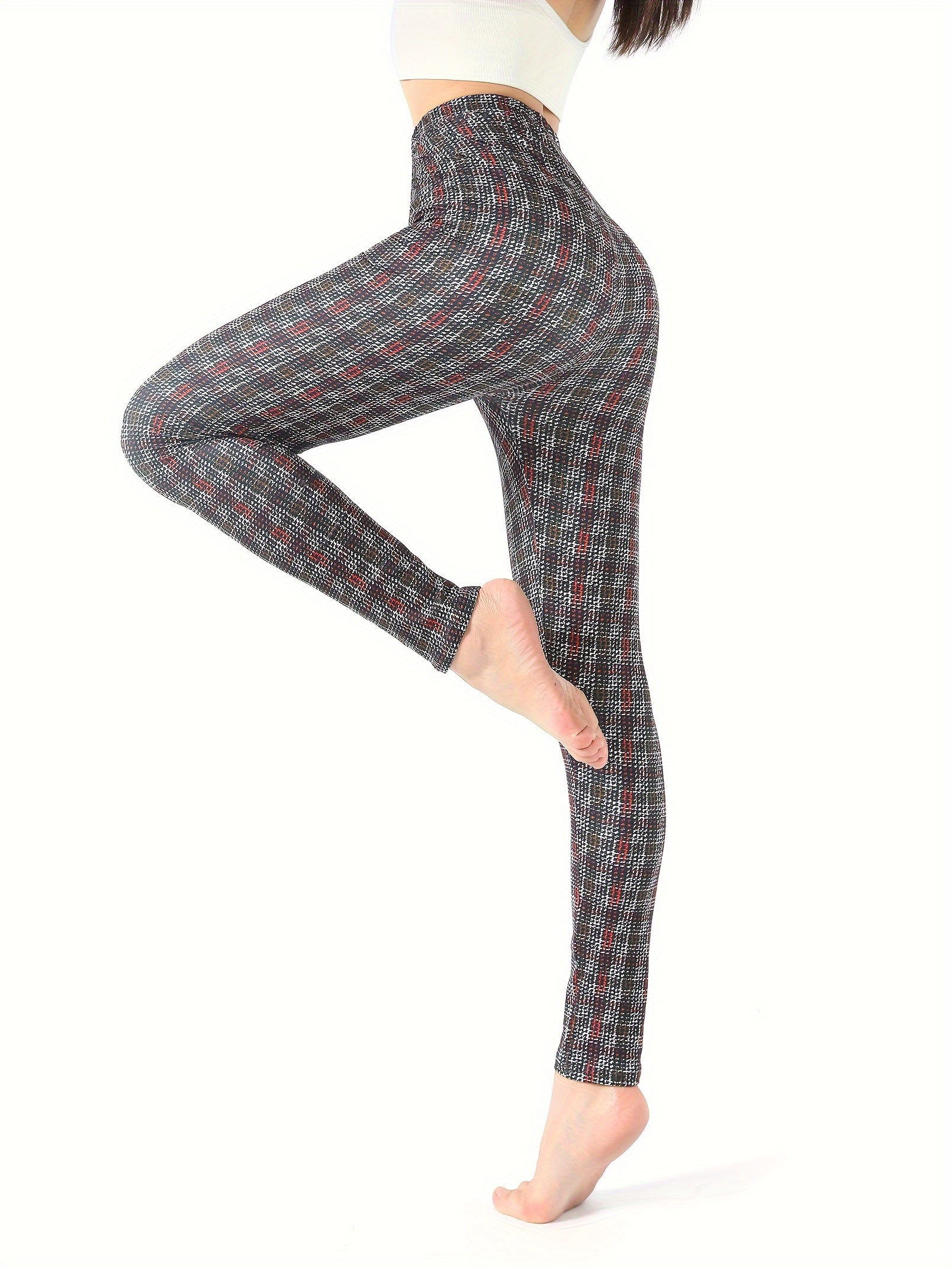 Plaid Print Yoga Tight Pants Stretchy Fitness Leggings