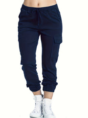 Y2K Solid Cargo Pants Elastic Waist Long Length With Pockets