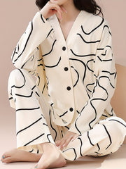 Geometric Print Pajama Set Long Sleeve Top & Pants Women's Sleepwear