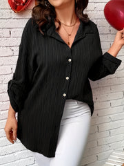 Women's Plus Solid Ribbed Button Up Long Sleeve Casual Blouse