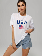 Letter & Flags Print Casual T-shirt Crew Neck Short Sleeve Tee