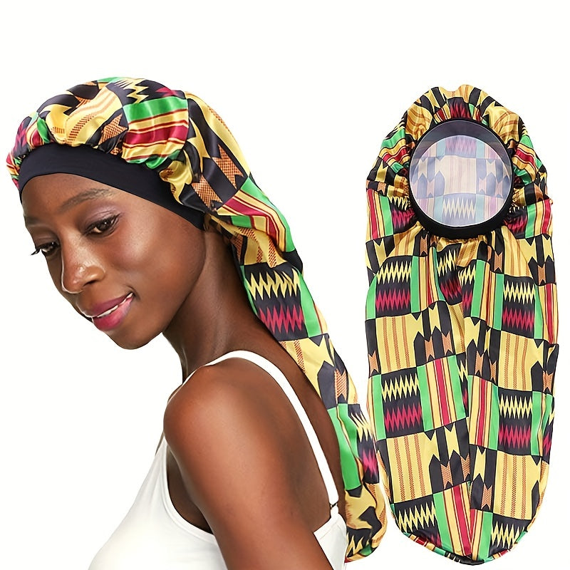 Boho Print Satin Sleep Cap Long Hair Silk Bonnet Elastic Band