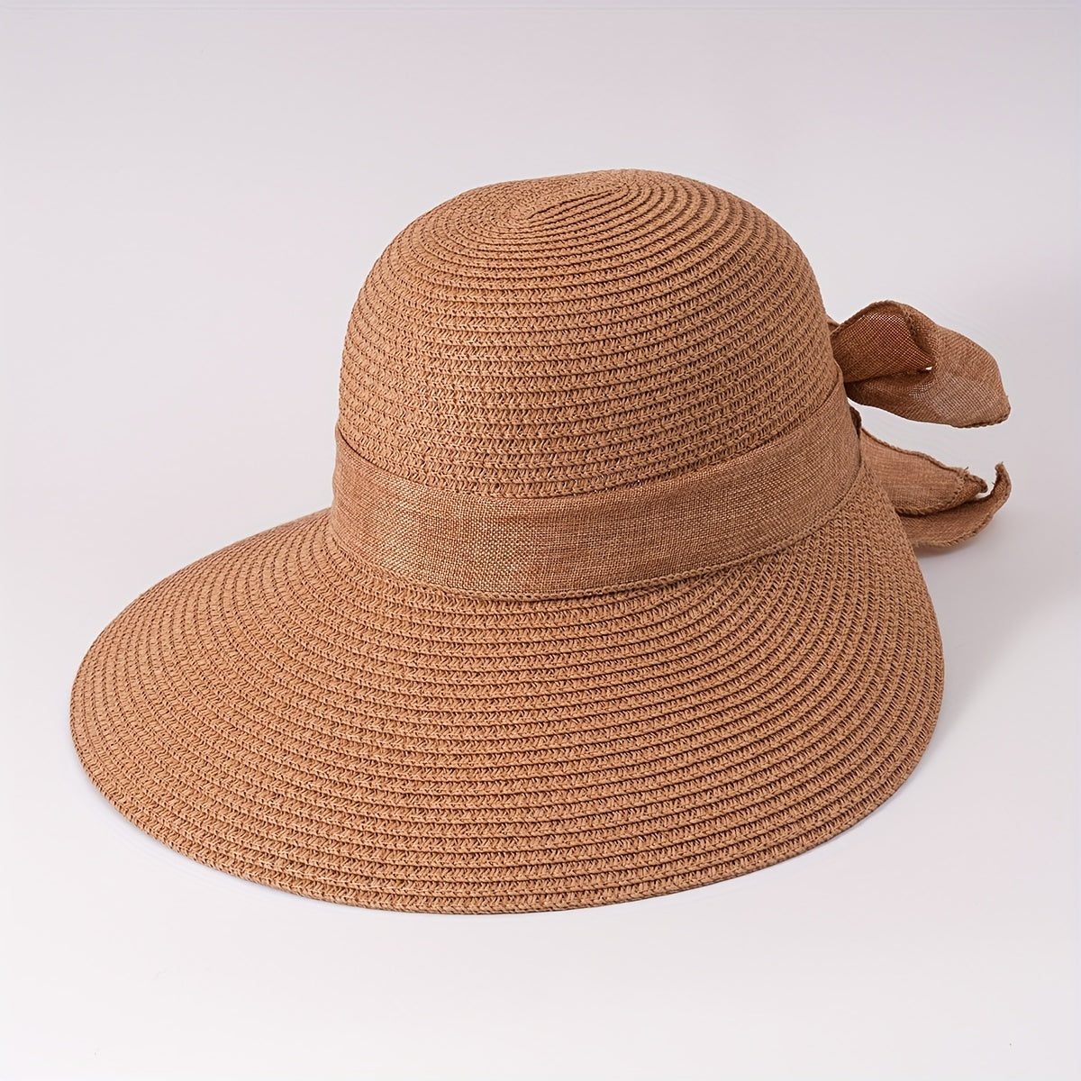 Khaki Ribbon Bowknot Sun Hat Classic Wide Brim UV Protection Straw Hats