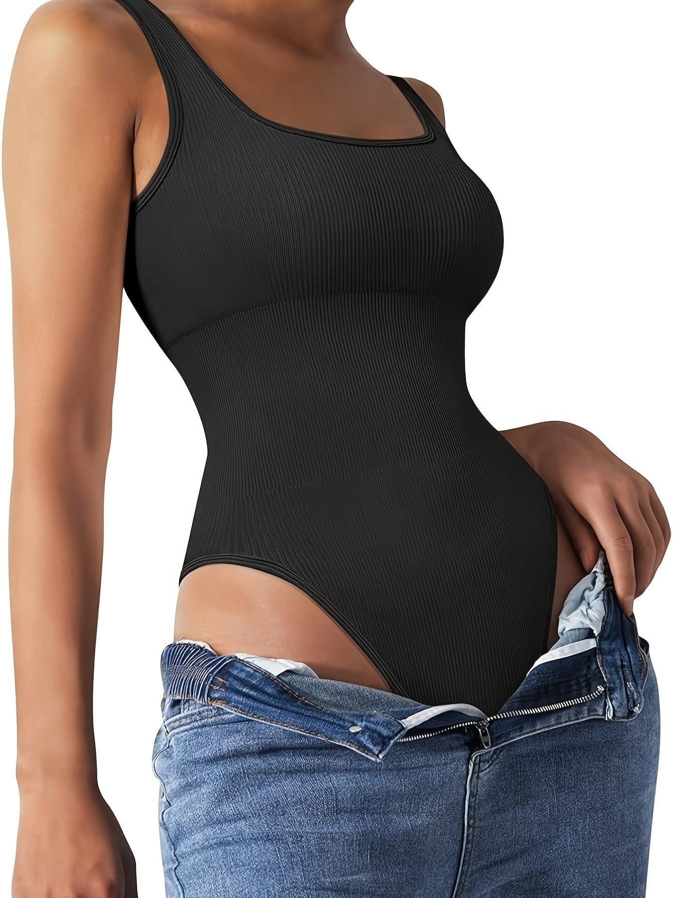 Ribbed Tank Bodysuit Square Neck Sleeveless Jumpsuit Solid Color