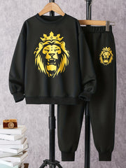 Boy's Lion Crown Pattern 2pcs Sweatshirt & Sweatpants Set