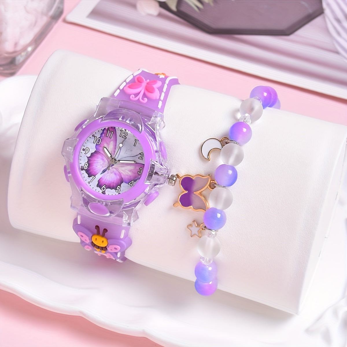 2pcs Girls' Butterfly Watch & Bracelet Set Pink Silicone Band Glow in the Dark