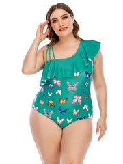 Cartoon Print Ruffle Trim Swimwear One Piece