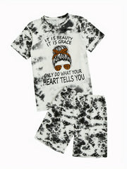 Tie Dye 2 Piece Set Figure Print Short Sleeve T shirt & Elastic Waist
