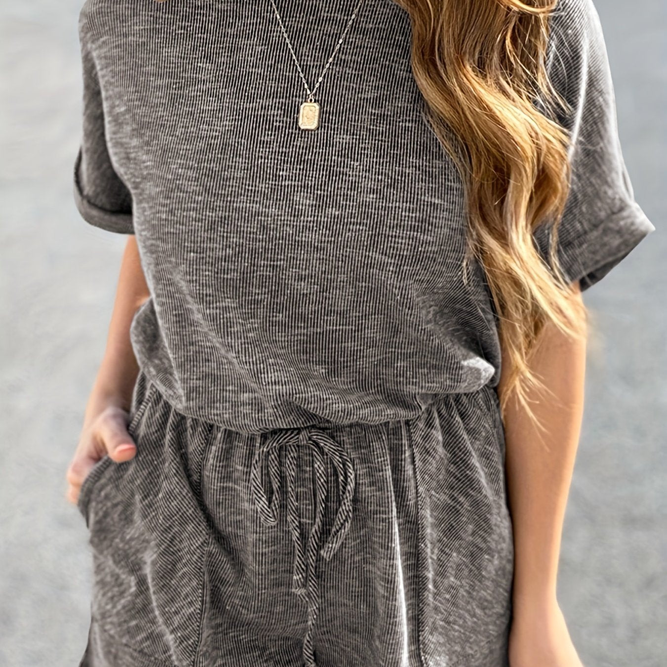 Drawstring Waist Romper Jumpsuit Casual Short Sleeve Romper Jumpsuit