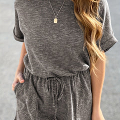 Drawstring Waist Romper Jumpsuit Casual Short Sleeve Romper Jumpsuit