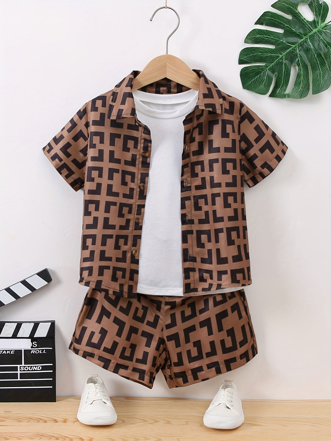Boys Geometric Pattern Shirt & Shorts Set for Summer